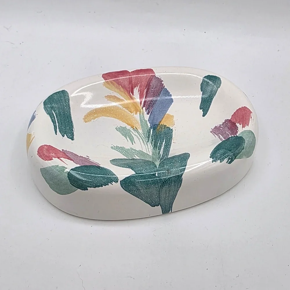 Vintage Hand Painted Ceramic Soap Dish Abstract Floral Oval Artisanal